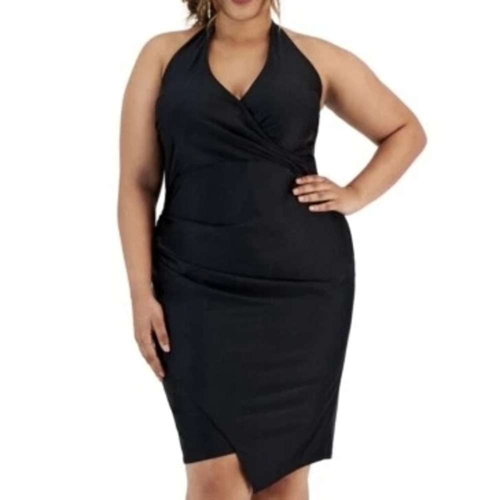 City Studio Women's Asymmetrical Midi Halter Dress Black Plus Size 3X
